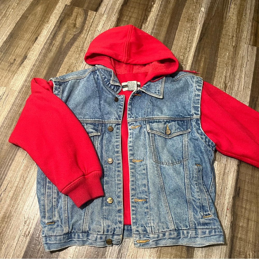 Outbrook Denim Jacket with Red Hood and Sleeves